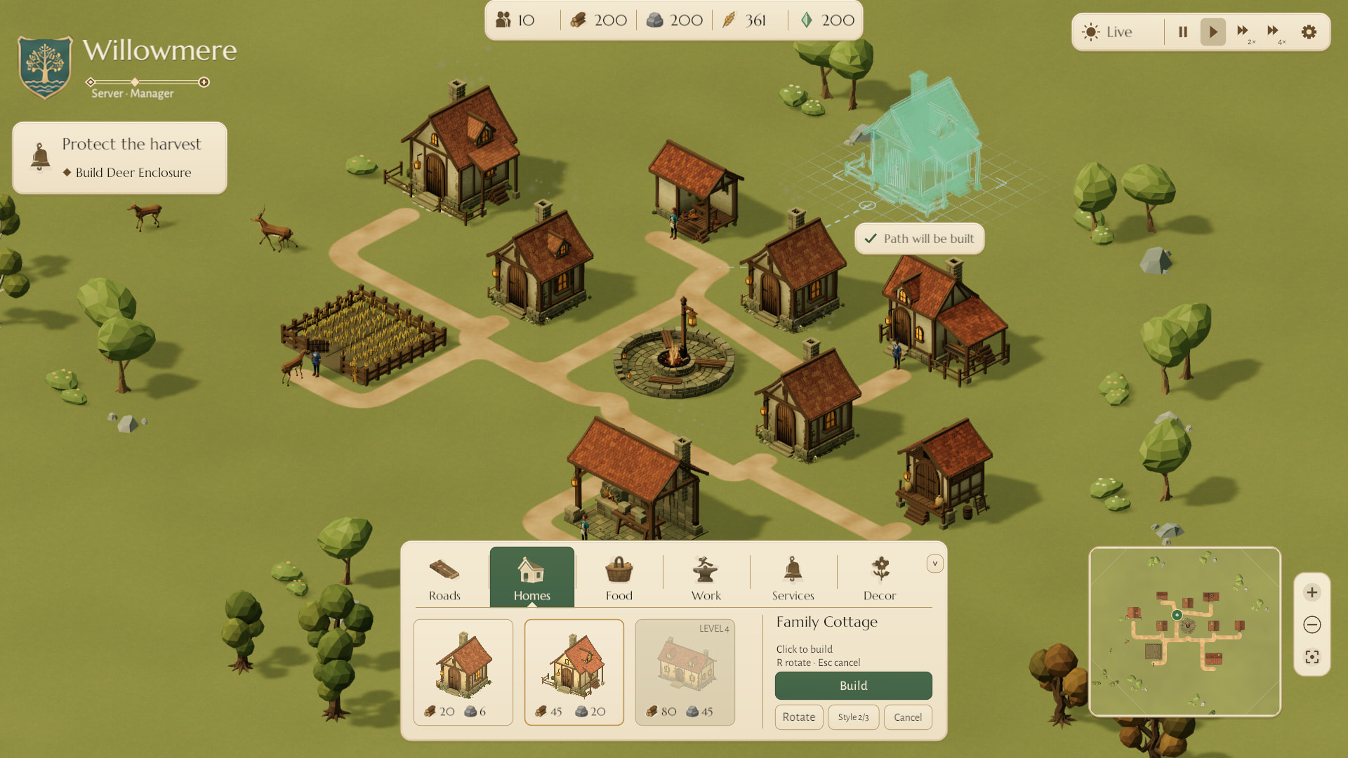 The real game shows a cottage placement preview and its planned connection to the sandy village paths.