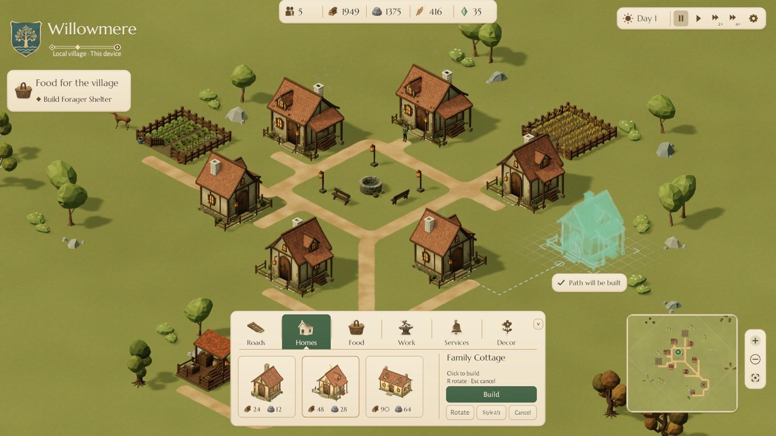 Softly blurred Unity development scene: terracotta cottages and fenced gardens around a village well, connected by sandy paths on flat green grass, with a mint cottage placement preview and cream building controls.