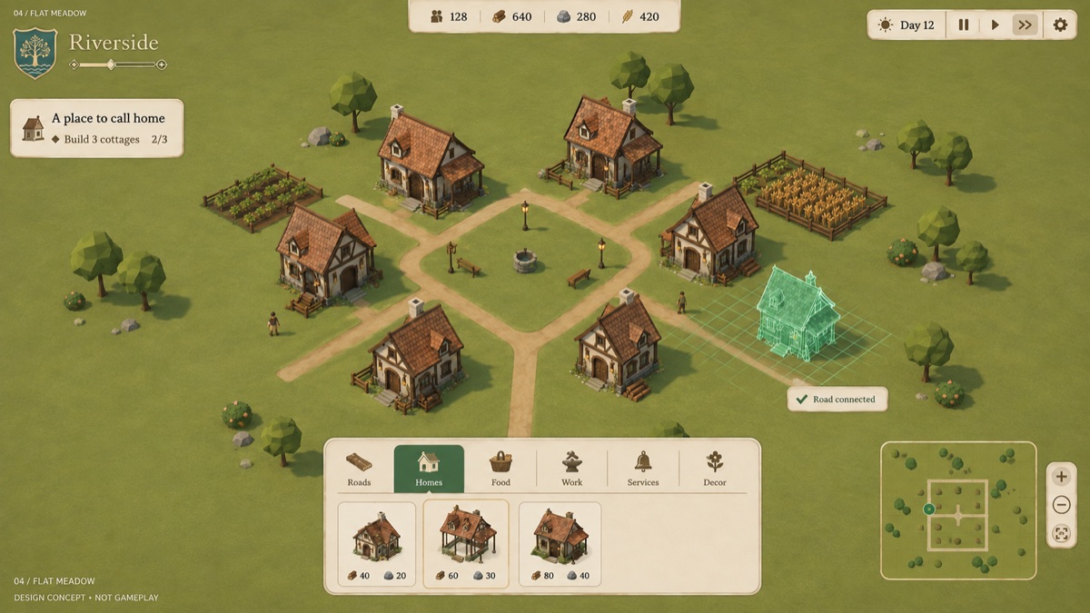Softly blurred Flat Meadow design sketch: gabled cottages, fenced crops, a village green and rounded trees, framed by an ivory and pine-green game interface.