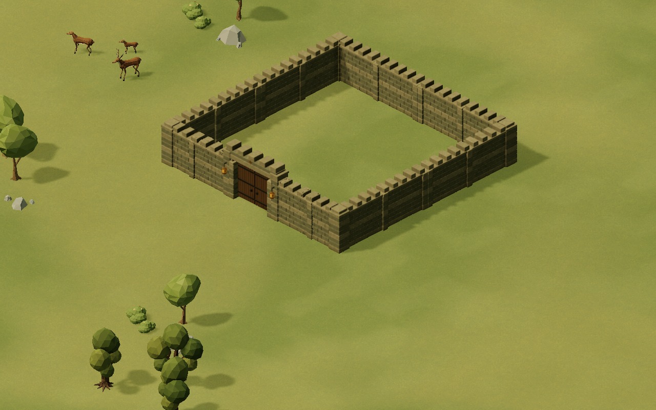 The same wall rebuilt in pale limestone blocks, on the same meadow.