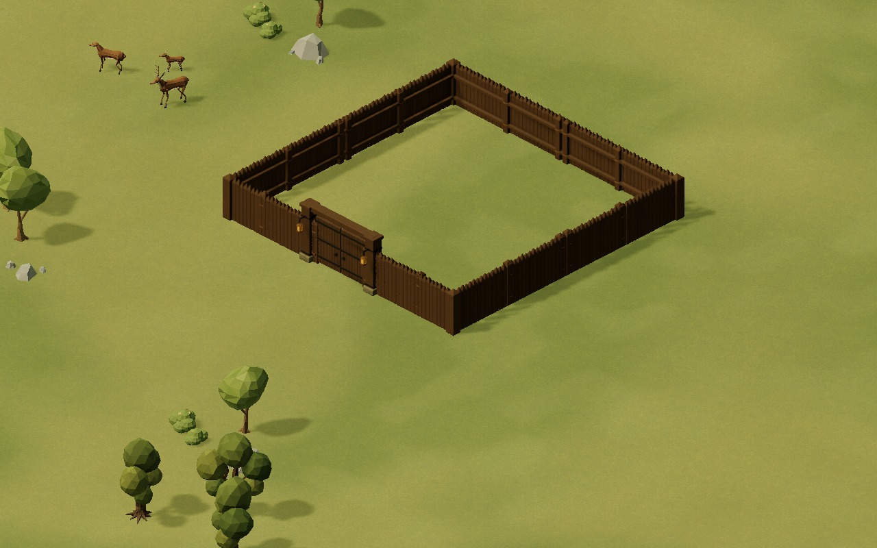 A village wall of dark timber palings around an empty square, with deer and trees on the meadow beyond.