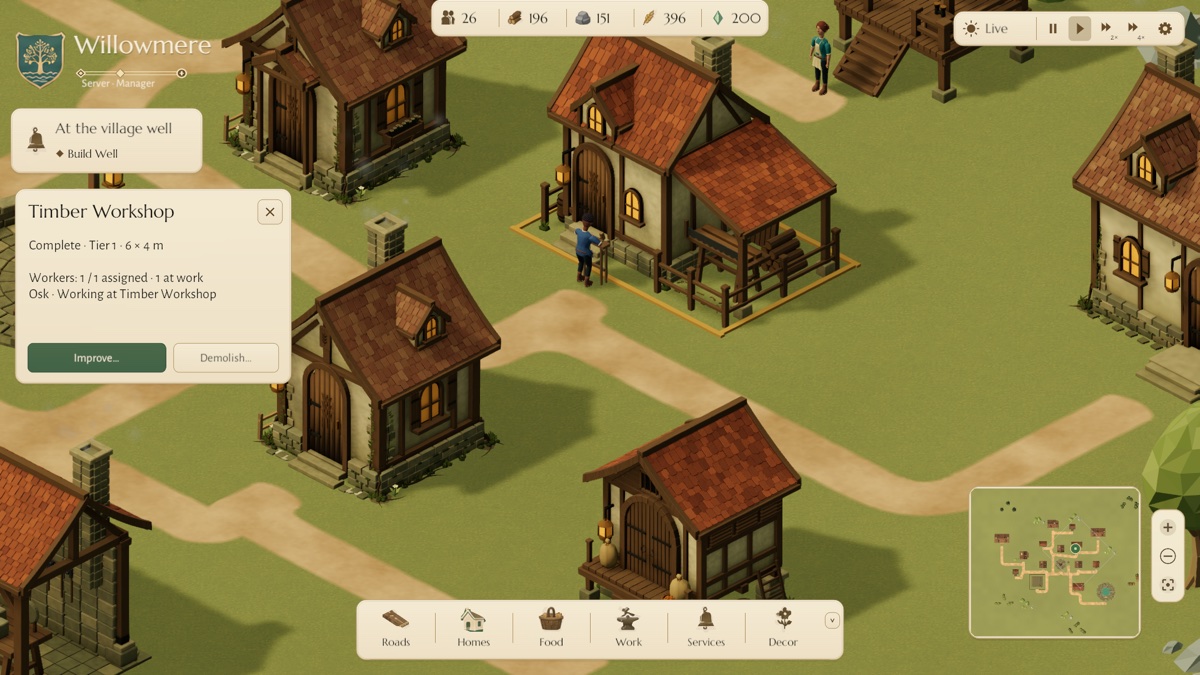 Softly blurred Unity development capture of a villager doing joinery at a timber workshop, surrounded by terracotta-roofed cottages and connected paths.